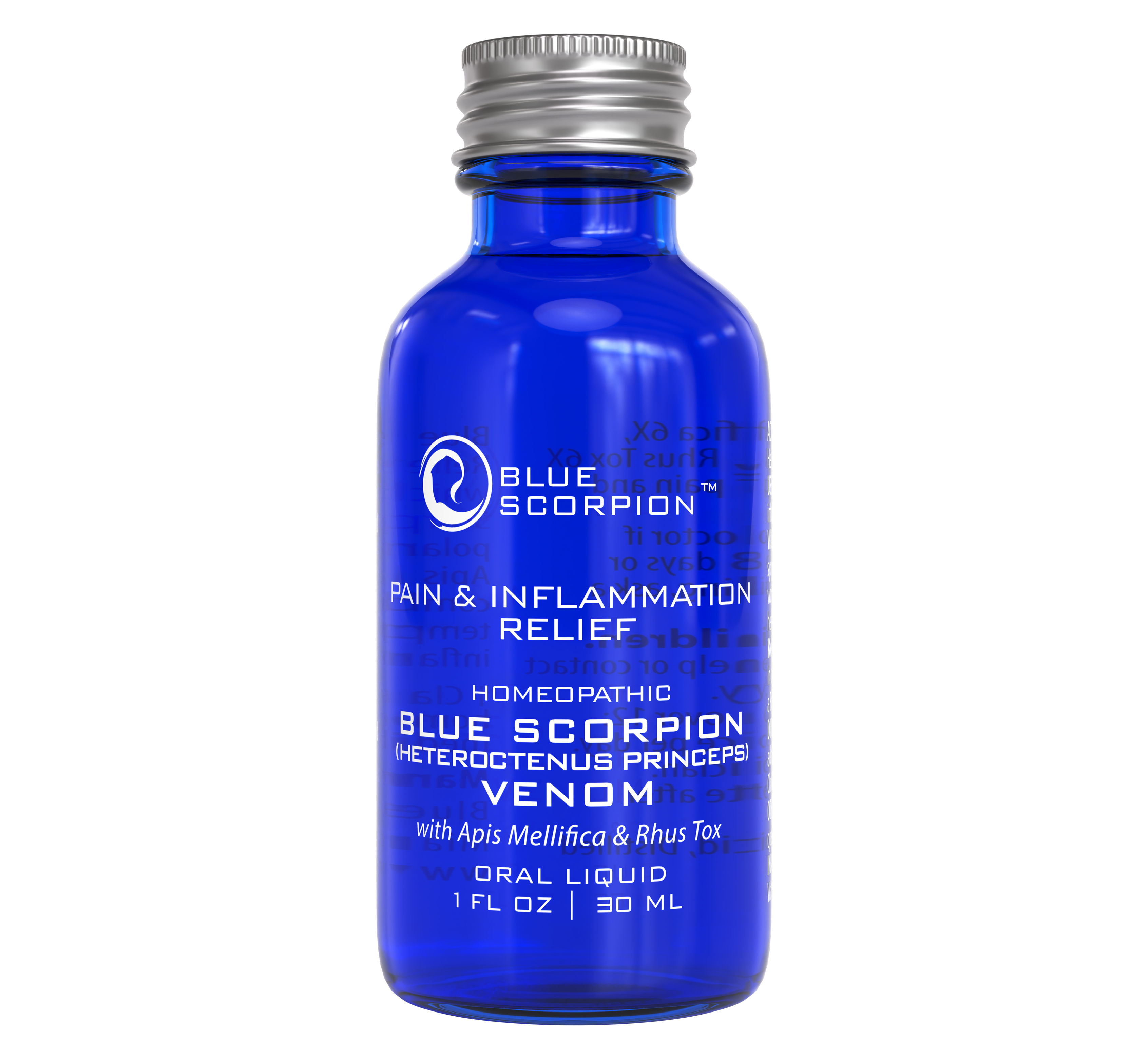Woman holding a syringe over a bottle labeled 'Blue Scorpion Venom' for pain relief.